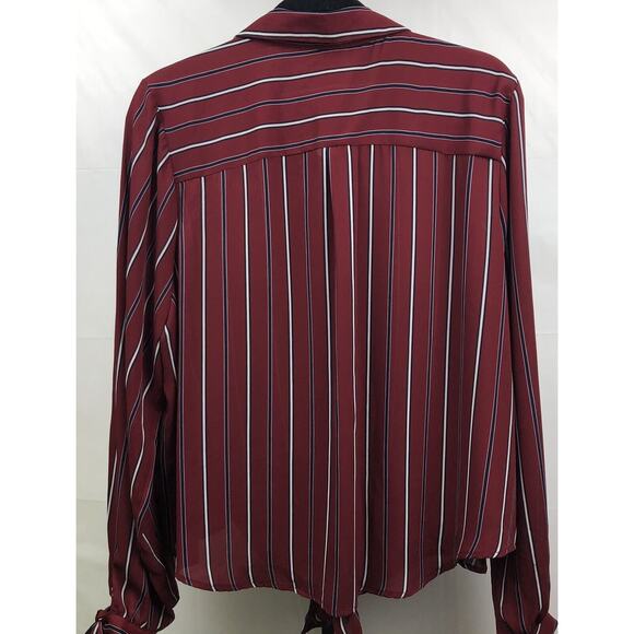 Haute Monde Button Up Blouse Women 2XL Maroon Stripe Semi Sheer Tie Waist & Cuff - Picture 5 of 12